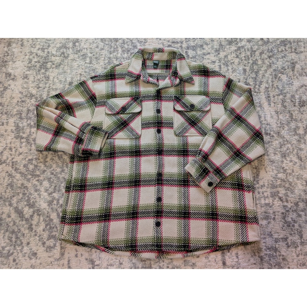 Wild Fable Green Pink Plaid Oversized Button Cotton Wool Blend Shacket Small